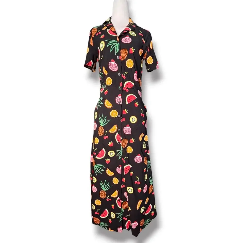 Sugarhill Brighton Fruit Print Button Front Midi Dress Black Novelty Whimsical